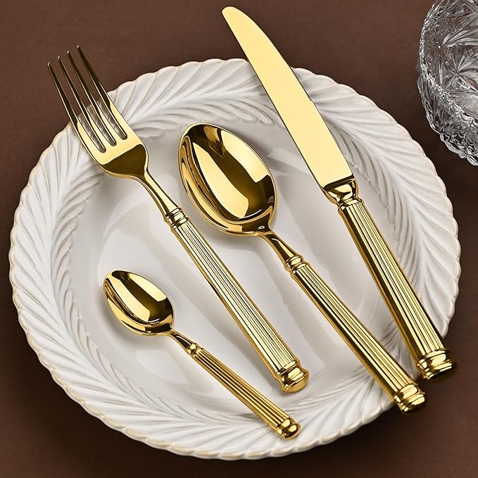 Gold Silverware Set for 6 Flatware Set 24 Pieces Luxury Tableware Set Roman Column Handle Knives and Forks spoons 18/10 Stainless Steel Cutlery Utensil Sets for Home Restaurant Dishwasher Safe