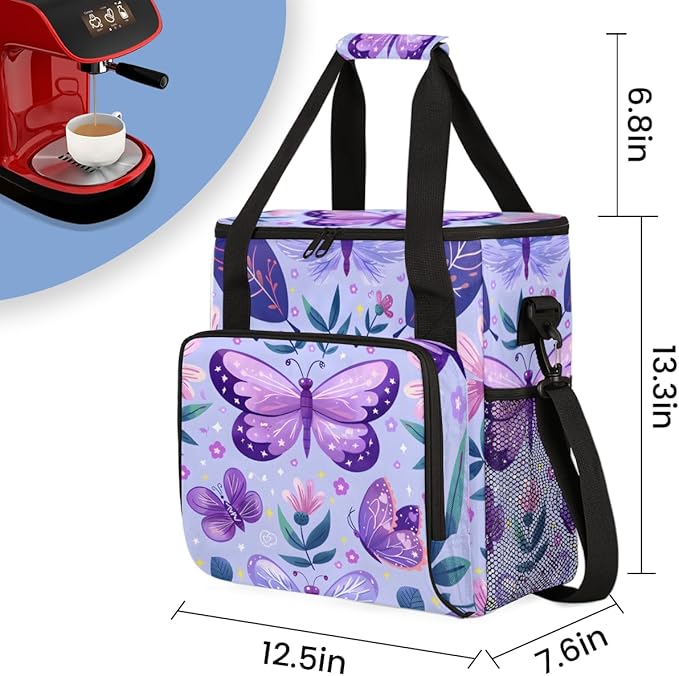 Purple Butterfly Travel Coffee Maker Carrying Bag Butterflies Rustic Floral Large Organizer Storage Tote Bag Insulated Reusable Cooler Lunch Bags