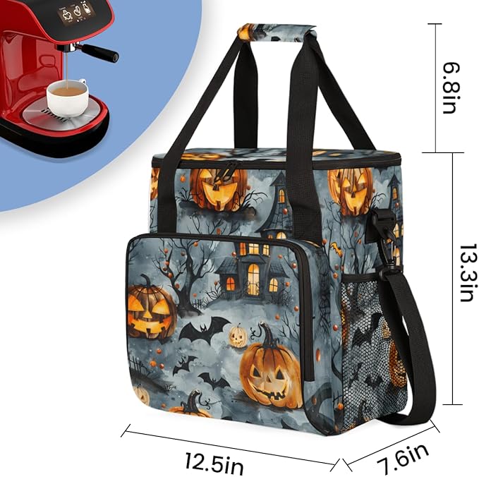 Bats Pumpkins Castle Coffee Maker Carrying Bag Portable Travel Storage Tote Bag Compatible with K-Mini or K-Mini Plus Single Serve Coffee Brewer Carrying Case with Multiple Pockets &amp Shoulder St