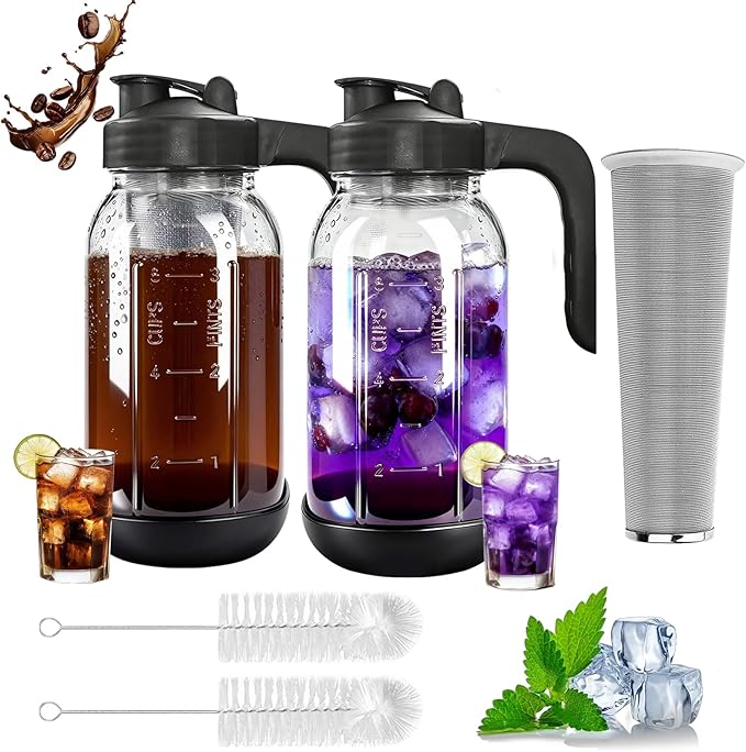 2 PCS Cold Brew Coffee Maker64 oz Mason Jar Pour Spout Lid Refillable Stainless Steel FilterNon-slip Silicone Sleeve for Glass Pitcher Homemade BeverageFor Home Baristas &amp Coffee Enthusiasts