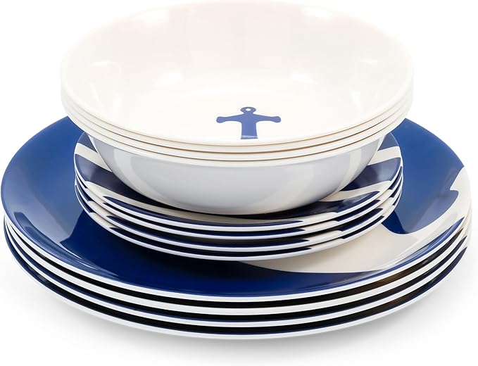 Camco 12 Piece Melamine Dishware Set - Features Blue and White Nautical Design - Includes 4 Bowls 4 Salad Plates &amp $ Dinner Plates - Dishwasher Safe Dish Set (41951)