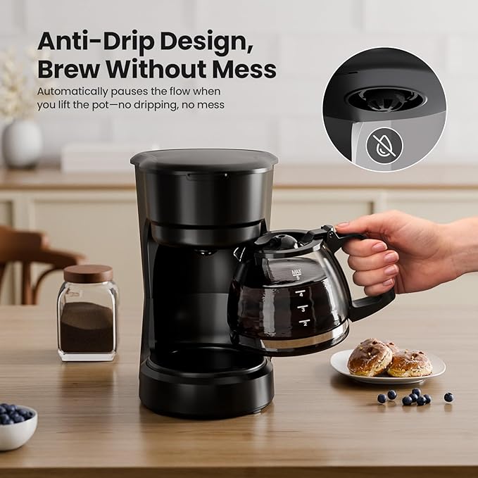 Kismile 5 Cup Coffee Maker 0.75L Small Drip Coffee Machine with Anti-Drip Design Dry Burn Protection Removable Filter Funnel Easy Mechanical Switch Black