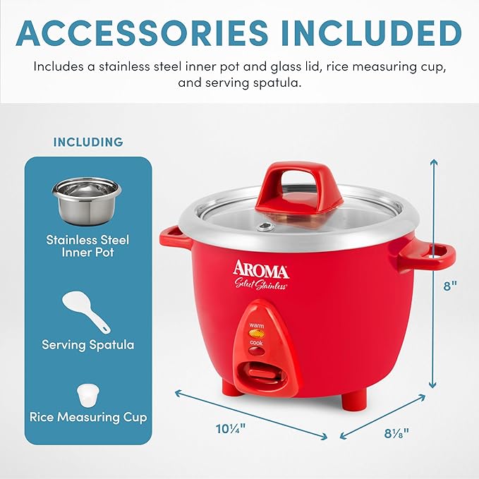Aroma Housewares Select Stainless Rice Cooker &amp Warmer with Uncoated Inner Pot 6-Cup(cooked)/ 1.2Qt ARC-753SGR Red