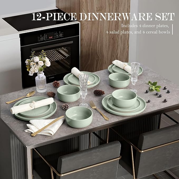 Vesteel 12-Piece Dinnerware set Ceramic Plates and Bowls set for 4 Speckled Stoneware Dishes Set for Family Microwave &amp Dishwasher Safe - Light Green