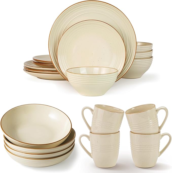 Famiware Jupiter 12-Piece Dinnerware Sets 4-Piece Pasta Bowls 4-Piece 14 oz Mug Set 20-Piece Stoneware Dinnerware Sets Vanilla White
