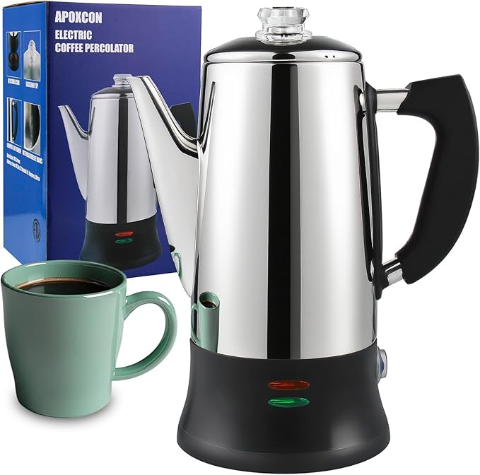 Electric Coffee Percolator Stainless Steel Coffee Maker with Heat Resistant Tough Glass Clear Brew Progress Knob Classic Coffee Pot with Keep Warm Cordless Serve Cool Touch Handle 12 Cup