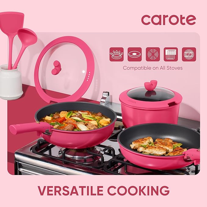CAROTE 15pcs Pots and Pans Set Non Stick Cookware Set Non Toxic with Detachable Handle Induction Kitchen Cooking Set Dishwasher/Oven Safe RV/Camping Cookware