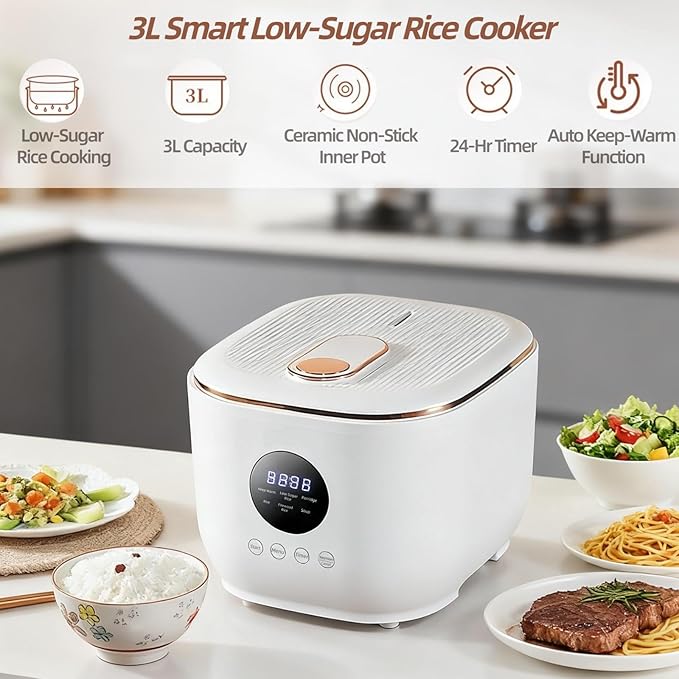 Low Sugar Electric Rice Cooker 3L with Steamer Basket - Electric Pressure Cooker with Ceramic Inner Pot 5-in-1 Multi-Cooker for White/Brown Rice Porridge &amp Soup 24H Timer &amp 8H Keep Warm