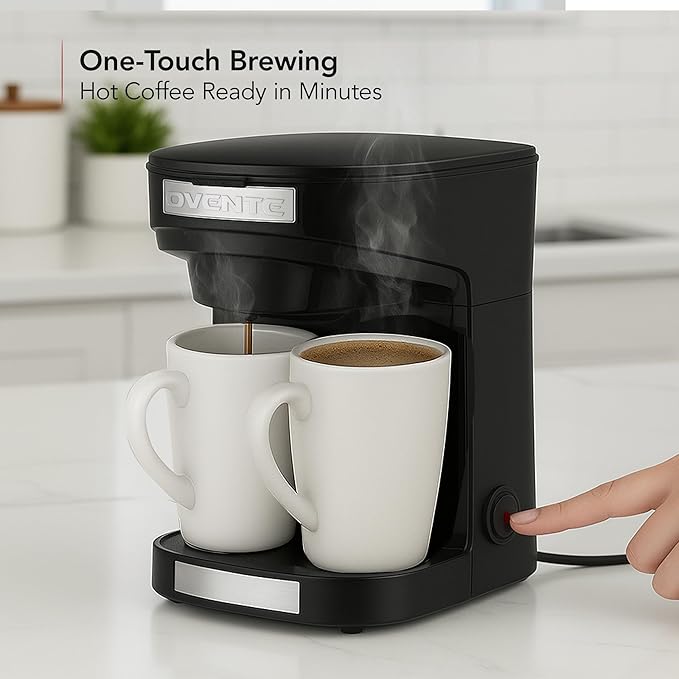 OVENTE Double Drip Coffee Maker with 2 Ceramic Mugs and Auto Shut Off Small Dual Drip Coffee Maker Machine Works with Ground Coffee Only Compact Kitchen or Office Essential Black CMDD2MB