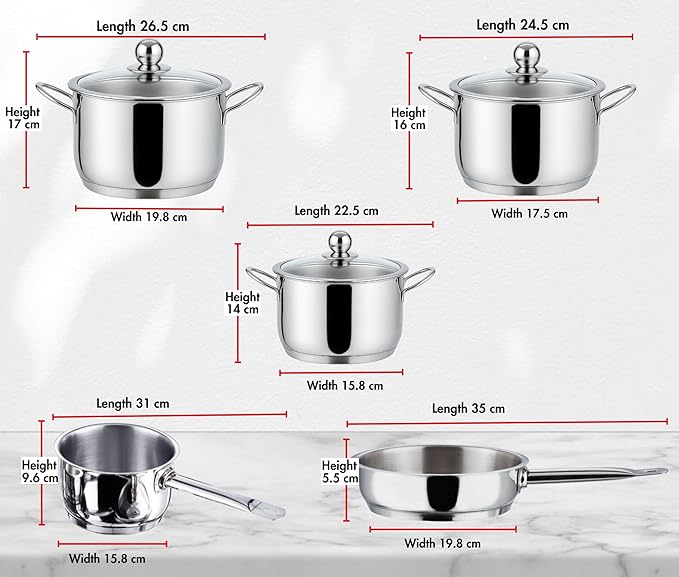 Vinod Stainless Steel Induction Friendly Tuscany Set 5 Pieces - Saucepan (14 cm/1.3 Litre) 3 Cassseroles (14 cm16 cm &amp 18 cm/1.32 &amp 2.8 Litre) Frypan (18 cm) &amp 3 Glass Lids