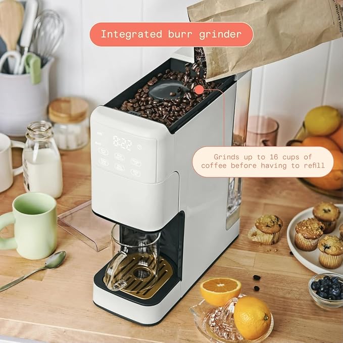 Perfect Grind Single Serve Coffee Maker built-in grinder 6 sizes 3 strengths pod-free reusable filter 64oz reservoir touch display hot &amp iced brew. (White Icing)