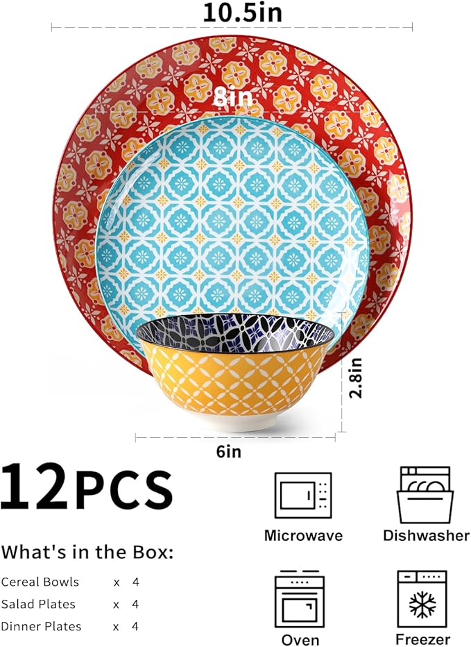 Ceramic Dinnerware Sets for 4 12 Pieces Plates and Bowls Set with Vibrant Color Stoneware Dishes Set Dishwasher &amp Microwave Safe