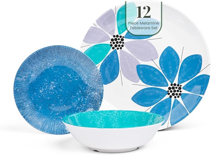 Larder &amp Vine 12-Piece Melamine Dinnerware Set: Durable Lightweight Break-Resistant Plates &amp Bowls – Stylish Non-Toxic Dishwasher Safe – Ideal for Everyday Use Indoor &amp Outdoor Dining