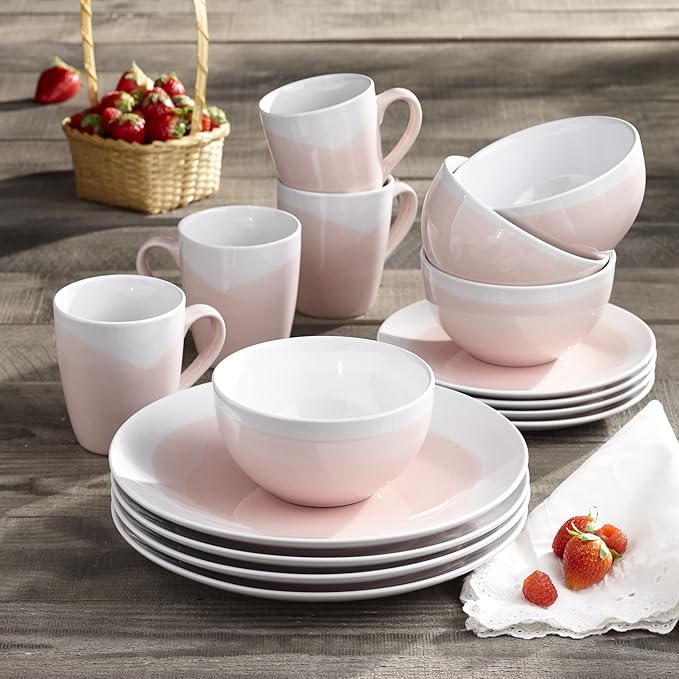 American Atelier Oasis Round Dinnerware Set – Stoneware Party Collection w/ 4 Dinner Plates 4 Salad Plates 4 Bowls &amp 4 Mugs – Unique Gift Idea for Special Occasion Pink/White 10.5x10.5 16-Pi