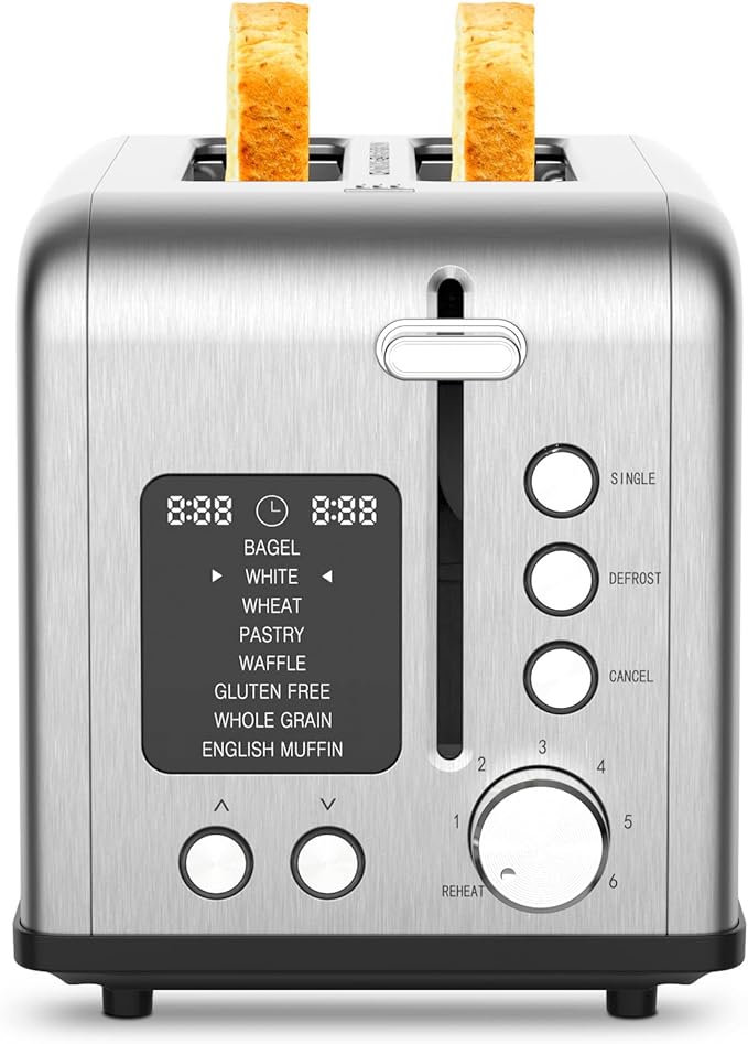 2-Slice Bagel Toaster Stainless Steel with Screen- Single Slice Function for Single-Sided Stuffed Bagel 8 Bread Types 6 Browning Levels LED Countdown Timer Defrost/Reheat/Cancel 825W
