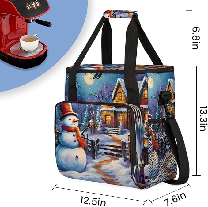 Xmas Snowman Coffee Maker Carrying Bag Cartoon Snowman Travel Storage Bag Compatible with K-Mini or K-Mini Plus Single Serve Coffee Brewer Carrying Case with Multiple Pockets &amp Shoulder Strap
