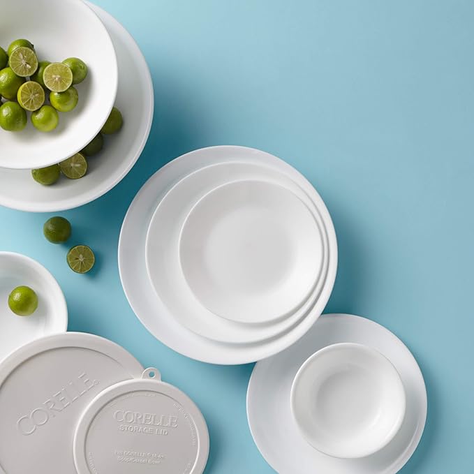Corelle Vitrelle 78-Piece Service for 12 Dinnerware Set Triple Layer Glass and Chip Resistant Lightweight Round Plates and Bowls Set Winter Frost White