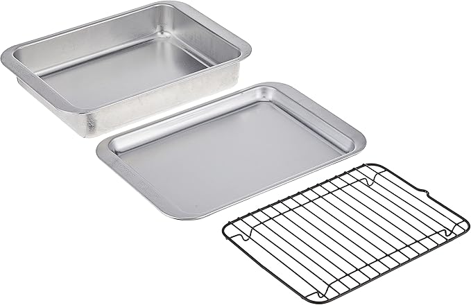 Nordic Ware Naturals 3 Piece Compact Pan Set Toaster Oven Counter Ovens Air Fryer and Broiler Safe Size for 1-2 Portions - Includes Baking Sheet Broiling Rack and Rectangular Pan
