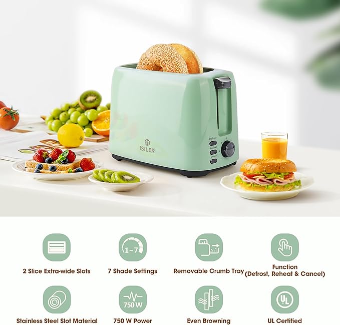 iSiLER 2 Slice Toaster 1.3 Inches Wide Slot Bagel Toaster with 7 Shade Settings and Double Side Baking Removable Crumb Tray Defrost Cancel Function Green