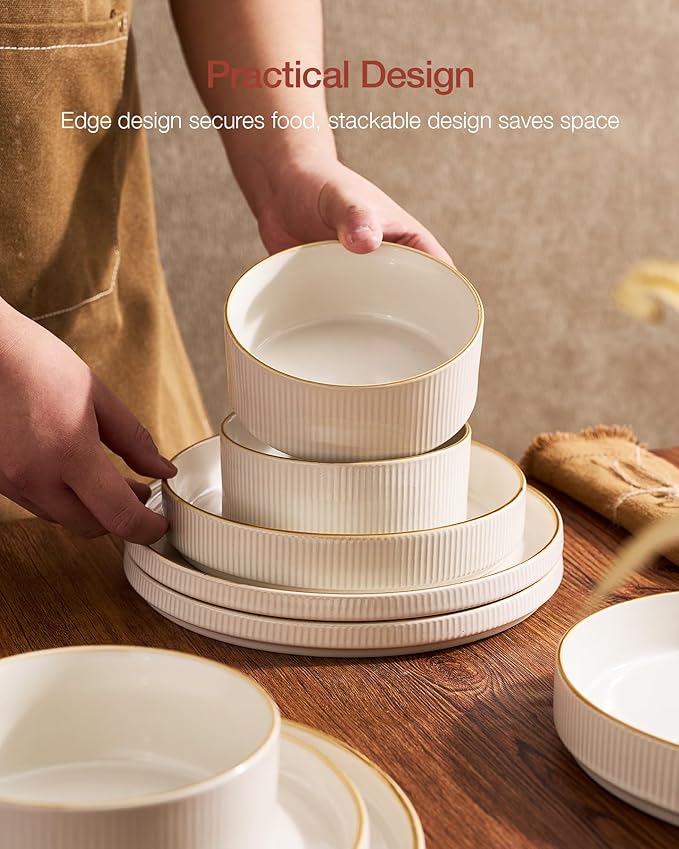 Famiware Star Dinnerware Set with Plates and Bowls Service for 4 (16-Piece) Stoneware Kitchen Dishes Dinner Sets - Vanilla White