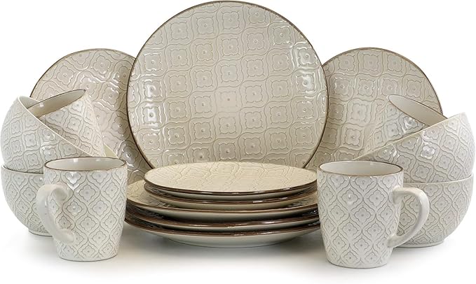 16 Piece Stoneware Dinnerware Set – Off-White Ogee Pattern Microwave &amp Dishwasher Safe Plates Bowls and Mugs