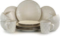 16 Piece Stoneware Dinnerware Set – Off-White Ogee Pattern Microwave &amp Dishwasher Safe Plates Bowls and Mugs