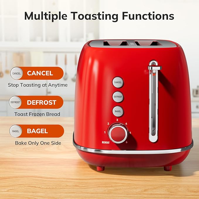 2 Slice Stainless Steel Toaster Retro with 6 Bread Shade Settings Bagel Cancel Defrost Function Extra Wide Slot Removable Crumb Tray Red