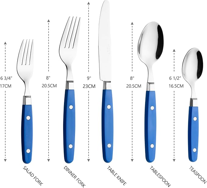 ANNOVA Silverware Set Retro/Rivet Colorful Stainless Steel Tableware Kitchen Flatware Set Utensils Includes Dinner Knives Forks Spoons Salad Forks &amp Dessert Spoons (Sapphire Blue 20 Pieces)