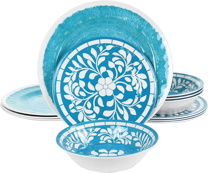 12 Piece Melamine Dinnerware Set for 4 – Lightweight Unbreakable Plates and Bowls in Teal and Blue – Outdoor Indoor Dinnerware for Camping Patio &amp Everyday Use (Teal)