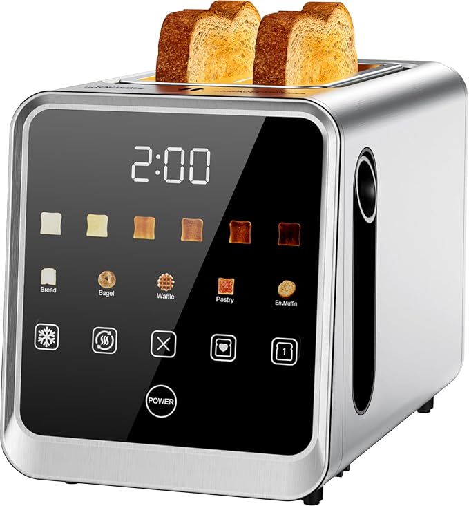 Toaster 2 Slice with Smart Digital Touchscreen &amp 1-Touch Memory | Stainless Steel 1.5 Extra-Wide Slots for Bagels &amp Artisan Bread | 900W for Fast Even Toasting | Defrost Reheat Single-Slic
