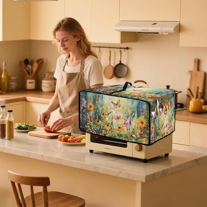 Sunflower Butterfly Toaster Oven Cover Wide Slot Dustproof Washable Toaster Oven Air Fryer Cover Universal Fit Most Standard Toasters Green and Yellow
