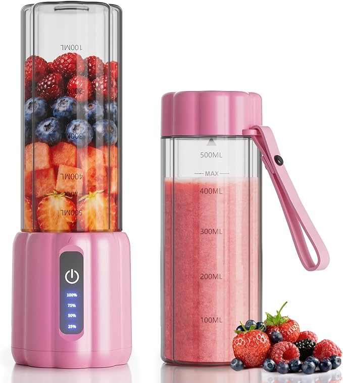 Portable Blender 16 Oz Personal Blender for Smoothies and Shakes Small Juice Mixer with LED Display USB C Rechargeable Shake Maker with 6 Blades for Kitchen Outdoor GymPink