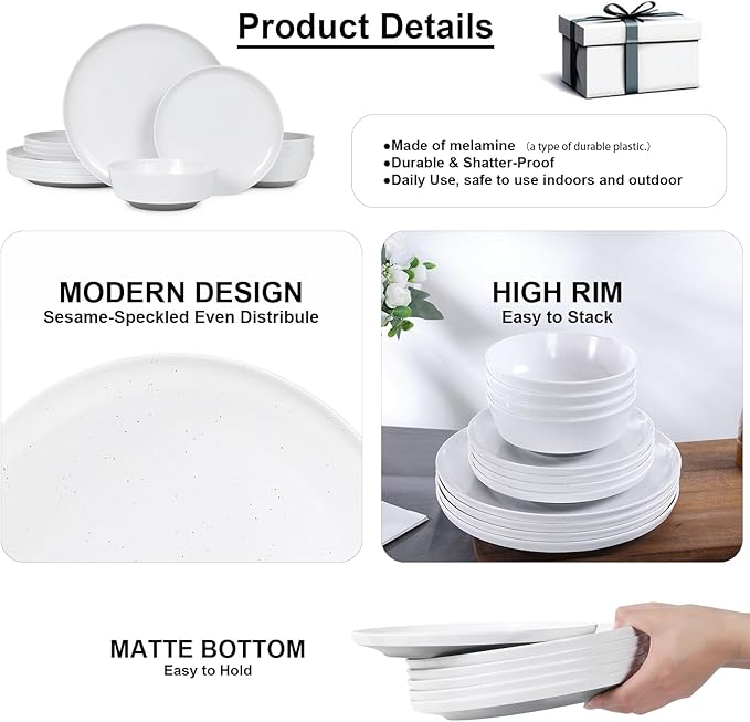 Webbylee 12-Piece Melamine Dinnerware Set for 4 – Unbreakable Plates &amp Bowls Lightweight Two-Tone White &amp Grey Ideal for Family Meals Camping Picnic Parties