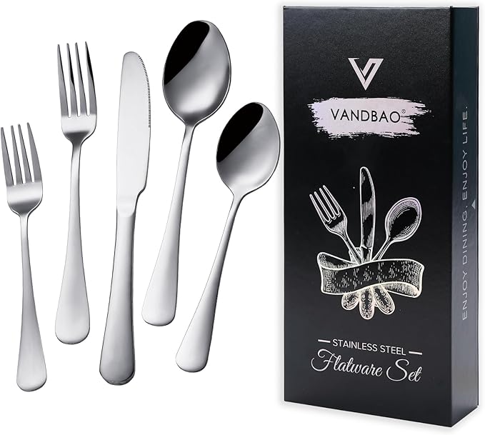 VANDBAO Silver Flatware Cutlery Silverware Set 20 Pieces Stainless Steel Colorful Utensils Tableware Set Service for 4 Include Knife/Fork/Spoon Reusable Mirror Polished Dishwasher Safe