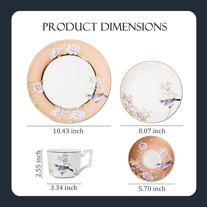 8 Piece Dinnerware Sets Round Dinner Plates Coffee Cup and Saucer Set bird and flower pattern dishes set Scratch Resistant Lead-Free Oven and Dishwasher Safe