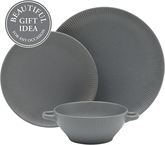 Gibson Elite Clover Hill 12-Piece Stoneware Dinnerware Set – Dark Blue Embossed Plates and Bowls with Matte Speckled Reactive Glaze Service for 4 – Microwave &amp Dishwasher Safe