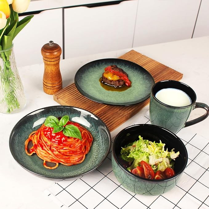 Dinnerware Sets(16Pcs) Serves for 4 Reactive Glaze Plates and Bowls Set with Mug7.9Small Plate8.3Salad Plate5.5bowl Modern kitchen tablewareMicrowave safe Set No.4