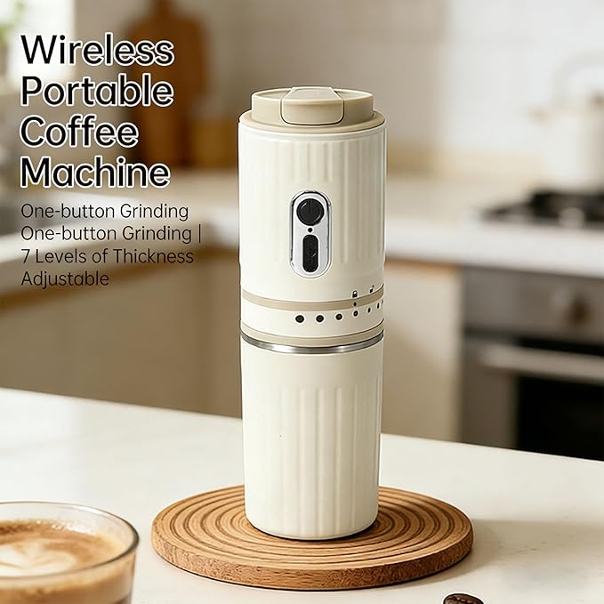 Portable Coffee Maker Compact Mini Coffee Grinder and Brewer with Built in Grinder and One Key Operation for Home Use and Travel