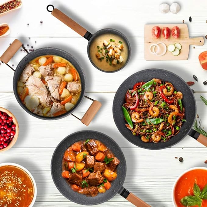 Cooking Pot Cookware Set 4-Piece Marble Coated Pots Sets Milk Pan Soup Pan Wok Frying Pan with Glass Lid