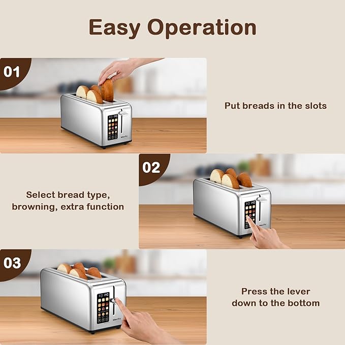 Mecity 4 Slice Toaster Touch Screen 1.5 Long Slot Stainless Steel Smart Bread Toaster for Bagel Muffin Waffle Gluten Free Breads Timer Defrost Reheat 120V 1400W