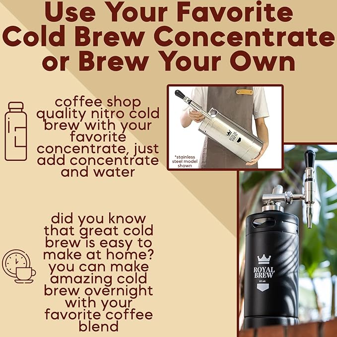 The Original Royal Brew Nitro Cold Brew Coffee Maker - Gift for Coffee Lovers -128 oz Extra Large Home Keg Nitrogen Gas System Coffee Dispenser Kit - Use Nitrogen or Nitrous Oxide