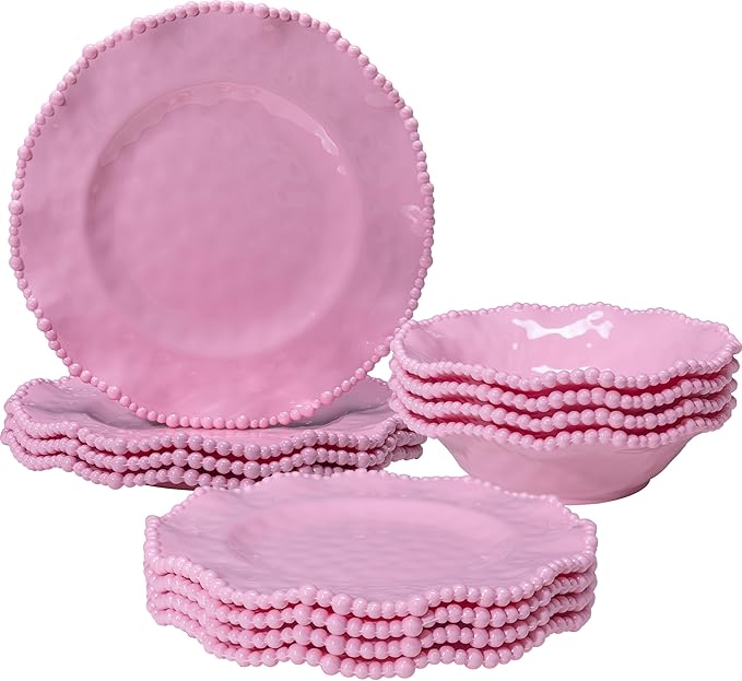 12 pcs Melamine Dinnerware Set Elegant Scalloped Rim With Beaded Serving Plates and Bowls Sets of 4 Pearl Design Kitchen Dishes Dinner Set.Perfect for Girl's and Women's PartiesGathering