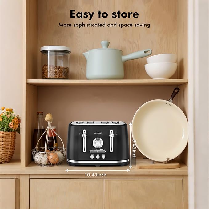 LONGDEEM Retro 4 Slice Countertop Toaster 1.5” Extra Wide Slots for Artisan Bread/Bagels 6 Browning Settings Defrost/Cancel High Lift Lever Crumb Tray Stainless Steel Home/Office/Dorm/RV Black