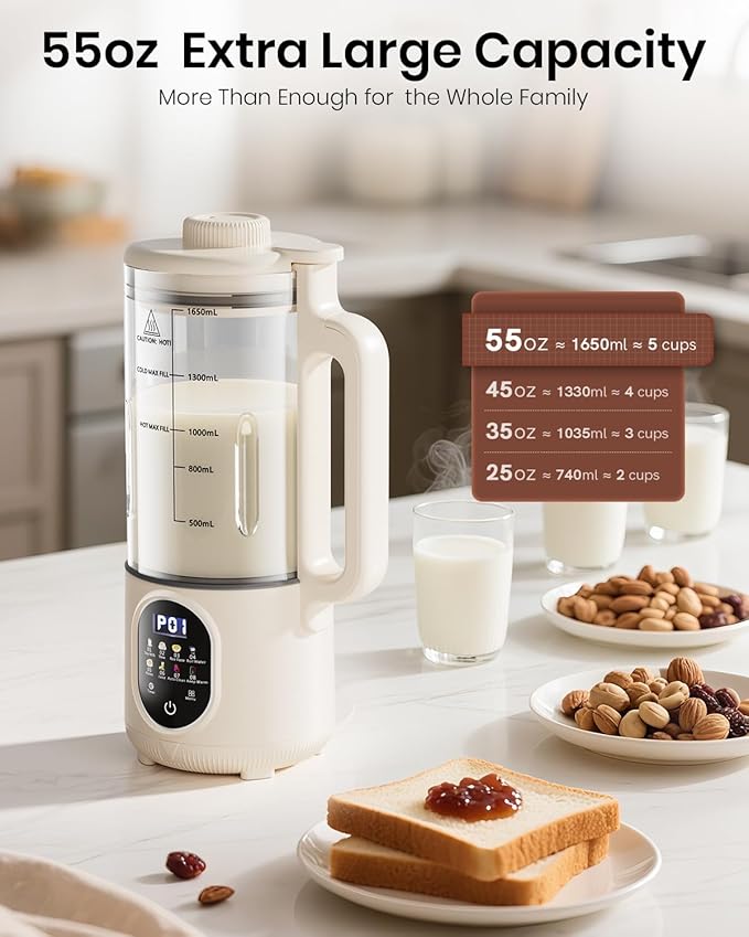 55oz Family Size Nut Milk Maker (5-6 Cups) Soy Milk Maker Machine for Almond/Oat/Soy/Cashew Milk Juice &amp Smoothie Almond Milk Maker with Auto Clean/Self-Clean Delay Start Boil Water &amp Kee