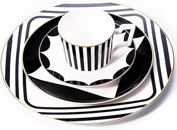 European Style Dinnerware Set Service for 6 Bone China Dinnerware Sets Unbreakable Porcelain Dinner Sets Coffee Cup and Saucer Tableware Set Steak Dinner Plates Dish Set Black copper coin-04