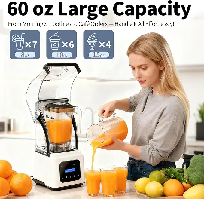 Commercial Blender 2200W Heavy Duty Countertop Blender Quiet Shield Sound Enclosure 6-Blade System DIY Timer &amp 9-Speed 5 Preset ProgramsSmoothies Juices Shakes &amp Frozen Drinks 60oz Pit