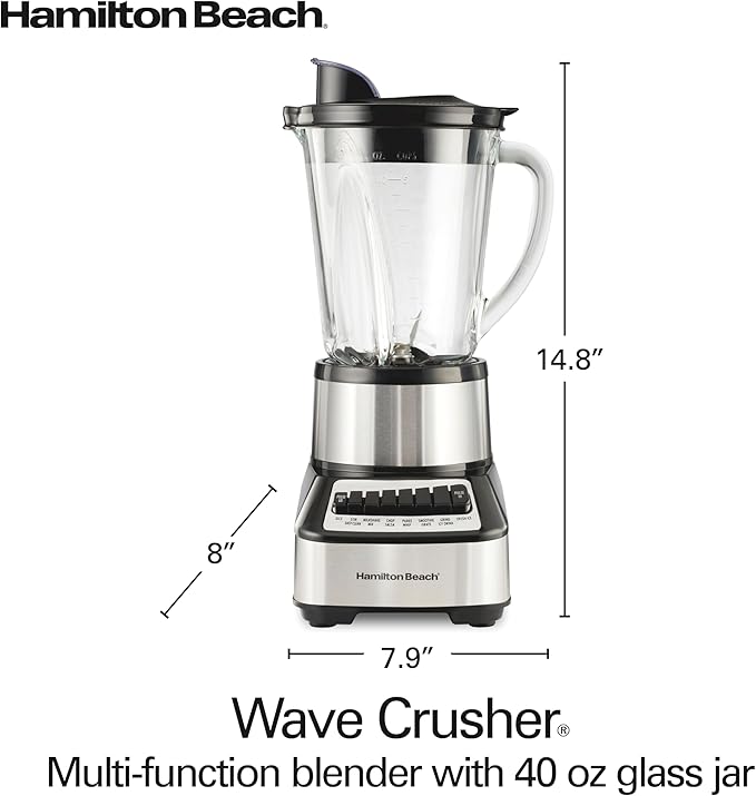 Hamilton Beach Wave Crusher Blender For Smoothies With 40 Oz Glass Jar and 14 Functions Ice Sabre Blades &amp 700 Watts for Consistently Smooth Results Black + Stainless Steel (54221)