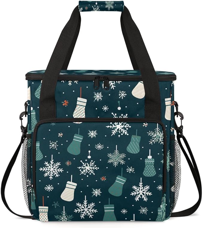 Xmas Stocking Coffee Maker Carrying Bag Snowflake Travel Storage Bag Compatible with K-Mini or K-Mini Plus Single Serve Coffee Brewer Carrying Case with Multiple Pockets &amp Shoulder Strap