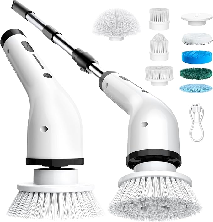 Electric Spin Scrubber for CleaningCordless Waterproof Bathroom Shower Brushes with 9 Heads1.5H Power Dual Speed Cleaner with Extendable Handles for Bathtub Floor Kitchen Wall