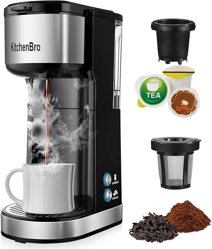 Single Serve Coffee Maker K Cup with Reservoir Space Saver One Cup Coffee Maker 2 In 1 Coffee Maker 6 To 14 Oz Brew SizesFits Travel MugSingle Pod Coffee Maker with Self-Cleaning Function